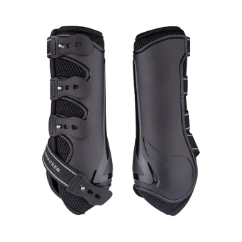 Schwarze Beinschützer für Haustiere mit verstellbaren Riemen und Mesh-Details, entworfen für Komfort und Schutz.