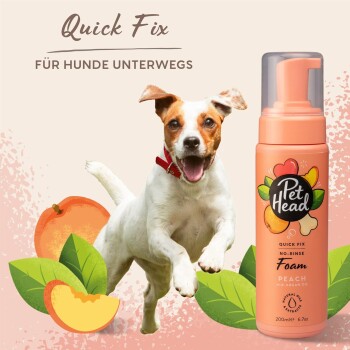 Schnellfix No-Rinse-Schaum für Hunde, Pfirsichduft, 200 ml Flasche von Pet Head, mit Illustrationen von Pfirsichen und Blättern im Hintergrund.