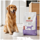 Golden Retriever mit der Pfote in einer weißen Schüssel neben einer Tüte Select Gold Medica Veterinary Diet Hundefutter.