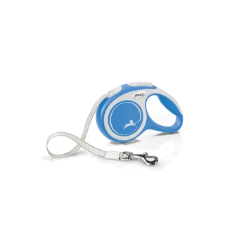 Blue retractable dog leash with a white handle and a silver clip, featuring a bird logo and the text "Made in Italy."