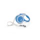 Blue retractable dog leash with a white handle and a silver clip, featuring a bird logo and the text "Made in Italy."
