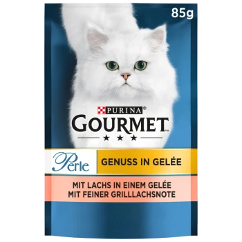 Weiße Katze mit grünen Augen auf blauem Hintergrund, mit einer Packung Purina Gourmet Perle Katzenfutter in Gelee mit Lachs.