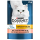 Weiße Katze mit grünen Augen auf blauem Hintergrund, mit einer Packung Purina Gourmet Perle Katzenfutter in Gelee mit Lachs.