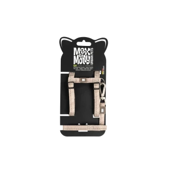 Beiges Katzengeschirr und -leine mit Metallclip auf schwarzer Katzenohren-Karte mit der Aufschrift "Max & Molly Urban Pets Cat Lead & Harness".