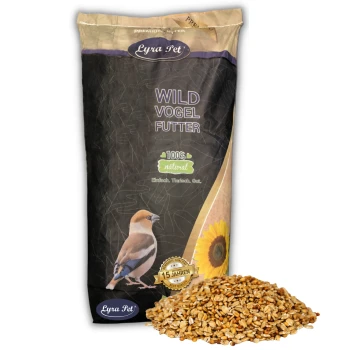 Fettfutter Basic 10 kg Ein Beutel Lyra Pet Wildvogelfutter mit einer Vogelillustration, beschriftet mit "WILD VOGEL FUTTER," und "100% natürlich" und "15 JAHREN" Abzeichen.
