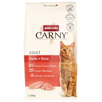 Carny Trockenfutter Katze Adult Huhn und Rind 1.75 kg Packung Animonda Carny Katzenfutter für Erwachsene, mit Hähnchen und Rind, mit 65 % Fleisch, 35 % frischem Hähnchen und 0 % Getreide.