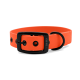 Oranges Hundehalsband mit einer schwarzen Schnalle und einem Metallring, mit dem eingravierten Text 'THE DOG IDEA' auf der Schnalle.