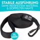 Schwarze Hundeleine mit einem stabilen Design, mit einem großen Griff und einem Karabinerclip, beschriftet mit 'Hund ist König'.
