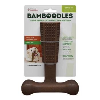 Beef T-Bone chew toy for dogs, made from bamboo and nylon, featuring an easy grip design and claims of durability and dental health.