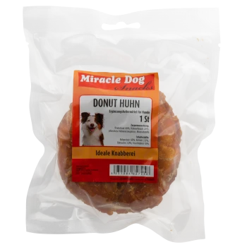 Miracle Dog Snacks Donut Huhn Hundeleckerli in transparenter wiederverschließbarer Verpackung mit Produktdetails und Barcode.