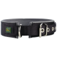 Schwarzes Hundehalsband mit gepolstertem Innenraum, mit einem Metall-D-Ring und einer Schnalle, sowie einem kleinen grünen und gelben "Hunter"-Logo.