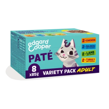 Edgard Cooper PATE cat food box 8x85g variety pack adult with cat art; flavors 2x chicken, 2x salmon, 2x lamb, 2x turkey