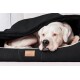 Ein weißer Hund ruht sich in einem schwarzen Haustierbett mit einer weichen Decke aus, das ein 'tierlando'-Label an der Seite hat.