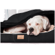 Ein weißer Hund ruht sich in einem schwarzen Haustierbett mit einer weichen Decke aus, das ein 'tierlando'-Label an der Seite hat.