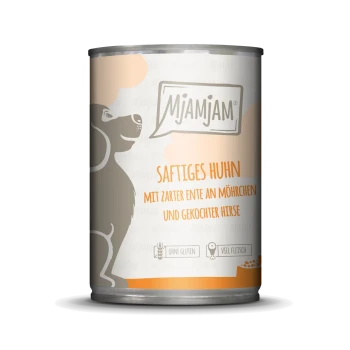 Dose Hundefutter mit der Aufschrift 'Saftiges Huhn mit zarter Ente an Möhrchen und gekochter Hirse', mit einer Hundesilhouette und glutenfreier Kennzeichnung.