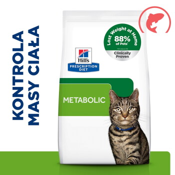 Sac de nourriture pour chats Hill's Prescription Diet METABOLIC avec un chat tigré ; texte visible « CONTRÔLE DU POIDS ».