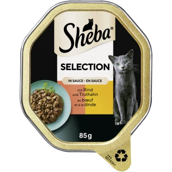 Sheba Katzenfutterauswahl in Sauce, mit Rind und Pute, 85g Verpackung mit einem Bild einer grauen Katze und grünen Kräutern.