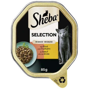 Sheba Katzenfutterauswahl in Sauce, mit Rind und Pute, 85g Verpackung mit einem Bild einer grauen Katze und grünen Kräutern.