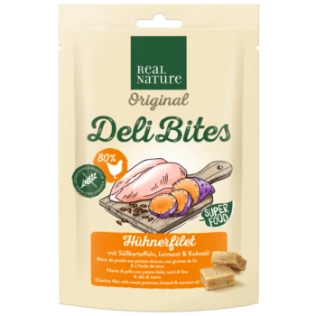 Original Deli Bites 150g Hühnerfilet mit Süßkartoffeln, Leinsaat und Kokosöl Verpackung für Real Nature Deli Bites mit Hähnchenfilet, Süßkartoffeln, Leinsamen und Kokosöl; 80% Fleischanteil.