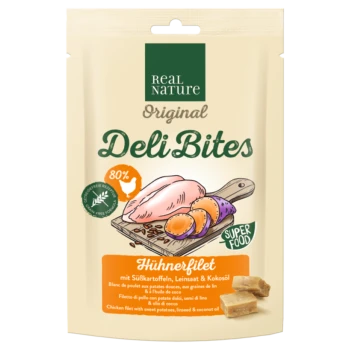 Verpackung für Real Nature Deli Bites mit Hähnchenfilet, Süßkartoffeln, Leinsamen und Kokosöl; 80% Fleischanteil.