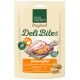 Verpakking voor Real Nature Deli Bites met kipfilet, zoete aardappelen, lijnzaad en kokosolie; 80% vleesinhoud.