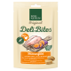 Packaging for Real Nature Deli Bites featuring chicken fillet with sweet potatoes, linseed, and coconut oil; 80% meat content.