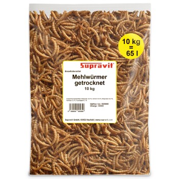 Beutel mit getrockneten Mehlwürmern, 10 kg, von Supravit, beschriftet mit Nährwertangaben und Volumenäquivalenz.