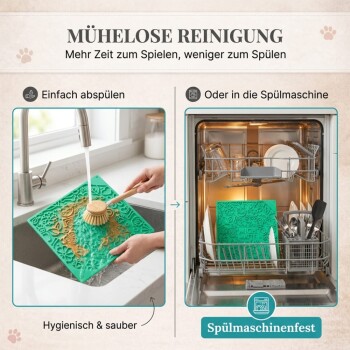 Grüne Silikon-Tiermatte (220mm x 220mm) mit geprägten Designs von Blumen, Knochen und Tiergesichtern. Text: 'OPTIMALE GRÖSSE FÜR ALLE RASSEN.'
