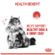 A fluffy cat with a shiny coat is featured prominently, alongside the text "HEALTH BENEFIT" and "HELPS SUPPORT HEALTHY SKIN & A SHINY COAT."