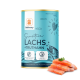 Dose von Balloony Sensitive Lachs und Truthahn Haustierfutter, mit einem blauen Design und Fischillustrationen, und frischen Lachsscheiben davor.