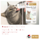 Grijs gestreepte kat likt een traktatie naast een doos met opschrift 'Doppelherz voor dieren Huid & Vacht Complex voor katten'.