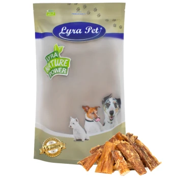 Lyra Pet Hundeleckerlipackung mit einer beigen Tüte mit dem Etikett "Lyra Nature Power", neben einem Haufen natürlicher Kaustäbchen.