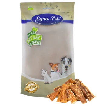 Lyra Pet Hundeleckerlipackung mit einer beigen Tüte mit dem Etikett "Lyra Nature Power", neben einem Haufen natürlicher Kaustäbchen.