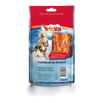 Verpackung von Hundeleckereien mit der Marke Swiss Dog, die Hühnerbrustsnacks mit einem bunten Design und Bildern von glücklichen Hunden zeigt.
