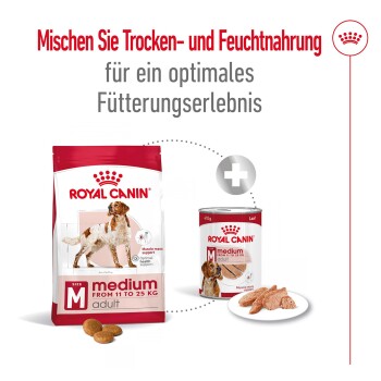 Verpackung von Royal Canin Hundefutter mit trockenem Futter und einer Dose, die das Mischen von Trocken- und Nassfutter für ein optimales Fütterungserlebnis fördert.