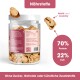 Gefriergetrocknete Hühnerherzen für Hunde, zeigt 300g frische Herzen, was zu 60g gefriergetrocknetem Produkt führt. Hergestellt in Deutschland.