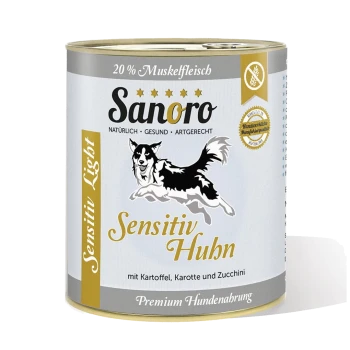 Dosen-Hundefutter "Sanoro Sensitiv Huhn" mit einer schwarz-weißen Hundillustration; Zutaten: Kartoffeln, Karotten, Zucchini.