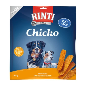 Rinti Chicko hondensnacks verpakking, met knapperige kipfilets, gelabeld '100% Huhn-Filet' en 'XXL Pack,' met een gewicht van 900g.