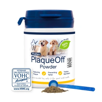 ProDen PlaqueOff dog powder tub with blue lid, two dogs on label, 100% natural leaf, VOHC seal, blue scoop and powder.