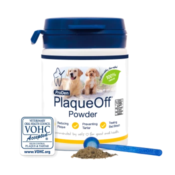 ProDen PlaqueOff dog powder tub with blue lid, two dogs on label, 100% natural leaf, VOHC seal, blue scoop and powder.