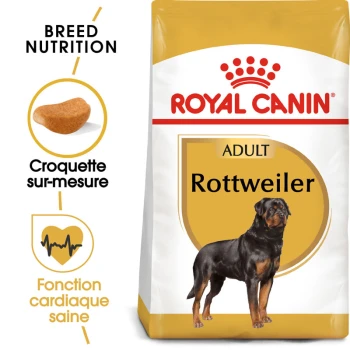 Sac de nourriture pour chien adulte Royal Canin Rottweiler, avec une illustration de chien Rottweiler, mettant en avant la nutrition spécifique à la race et la santé cardiaque.