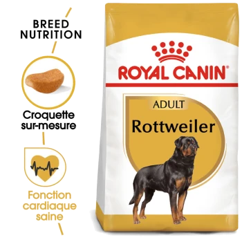 Sac de nourriture pour chien adulte Royal Canin Rottweiler, avec une illustration de chien Rottweiler, mettant en avant la nutrition spécifique à la race et la santé cardiaque.