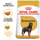 Sac de nourriture pour chien adulte Royal Canin Rottweiler, avec une illustration de chien Rottweiler, mettant en avant la nutrition spécifique à la race et la santé cardiaque.