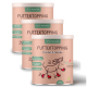Drei zylindrische Behälter mit 'Futtertopping' für Hunde, beschriftet mit 'Knochen & Gelenke', das Gelenkunterstützung fördert, vegan, jeweils 250g.