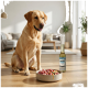 Gelber Labrador sitzt neben einer Schüssel mit rohem Fleisch und Gemüse und einer Flasche mit der Aufschrift 'PREMIERE NUTRISET' in einem sonnendurchfluteten Wohnzimmer.
