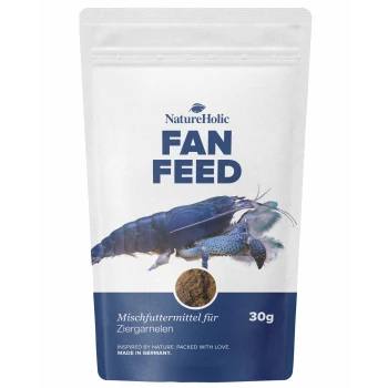 NatureHolic FAN FEED 30g-Tüte, weiß mit blauem Garnelenbild, rundem Sichtfenster und der Aufschrift 'Mischfuttermittel für Ziergarnelen'.