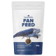 NatureHolic FAN FEED 30g-Tüte, weiß mit blauem Garnelenbild, rundem Sichtfenster und der Aufschrift 'Mischfuttermittel für Ziergarnelen'.