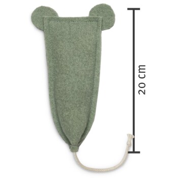 Grünes Filzspielzeug für Haustiere mit Bärenohren, 20 cm hoch, mit einem Kordelzugverschluss am Boden.