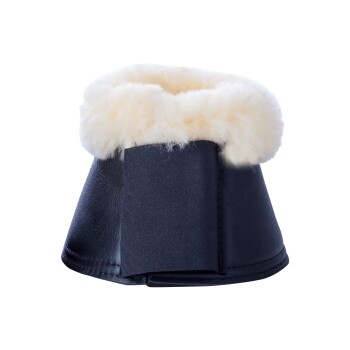 Schwarzer Haustierstiefel mit einem weichen, flauschigen weißen Futter und einem Klettverschluss für sicheren Halt.