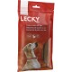 Rote Verpackung für Lecky Hundeleckerlis mit einem gelben Hund, der nach oben schaut. Der Text enthält 'Poulet-Sticks mit Reis', 'Glutenfrei' und 'Reis'.